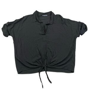 Brandy Melville Black Tie Front Blouse Short Sleeve Collared Top Minimalist - S